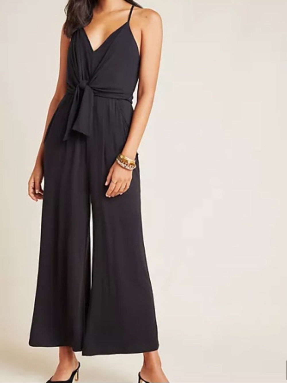 Anthropologie Moulinette Soeurs Black Tie-Front Wide-Leg Jumpsuit, Black Sz L